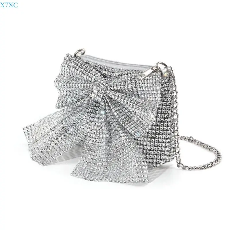 

X7XC Luxurious Faux Rhinestones Butterfly Bows Evening Bag with Metal Chain