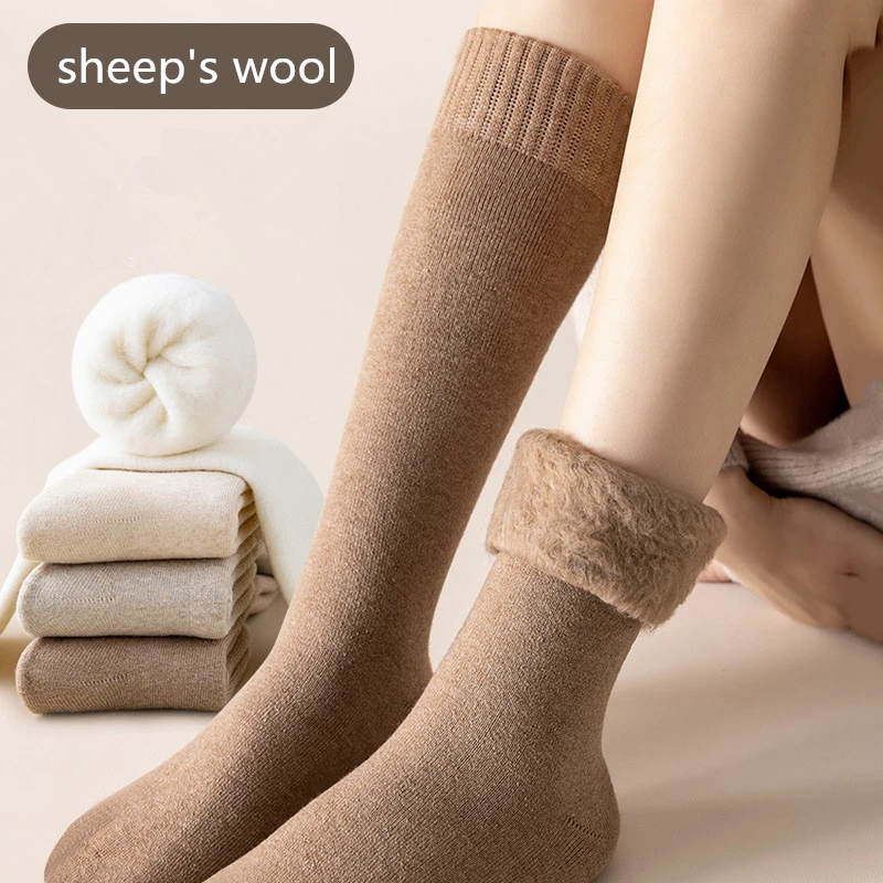 Winter Warm Solid Women Long Socks Thicken Thermal Wool Fluffy Stockings for Girl Snow Boots Floor Socks