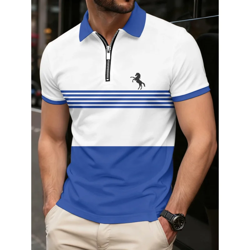 

American summer men's casual fashion striped collar short-sleeved pullover, printed T-shirt, polo shirt, men's top