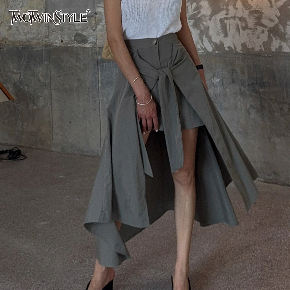 

TWOTWINSTYLE Solid Spliced Strap Basics Skirt Female High Waist Slimming Irregular Design Women's Skirts Summer Style Fashion