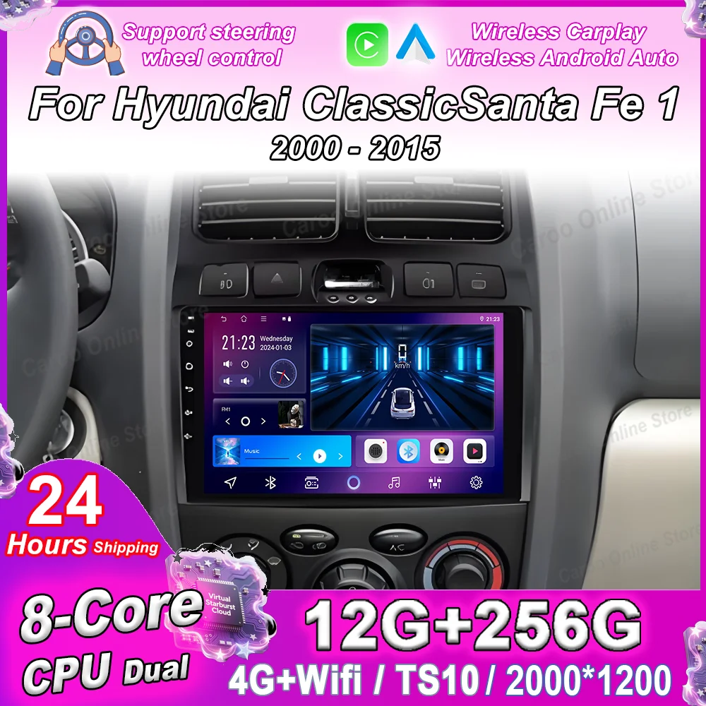 

Android 15 Car Radio Stereo For Hyundai Classic Santa Fe 1 2000 -2015 Auto Multimedia Video Player GPS Navigation Carplay Auto