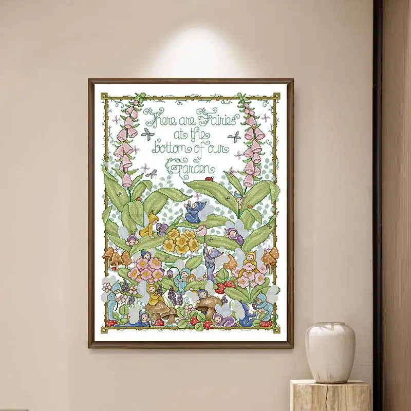 Garden Genie Cartoon Pattern Joy Sunday Cross Stitch Kits 14 16 11CT Printed Fabric Embroidery DIY Kids Room Home Decor Crafts