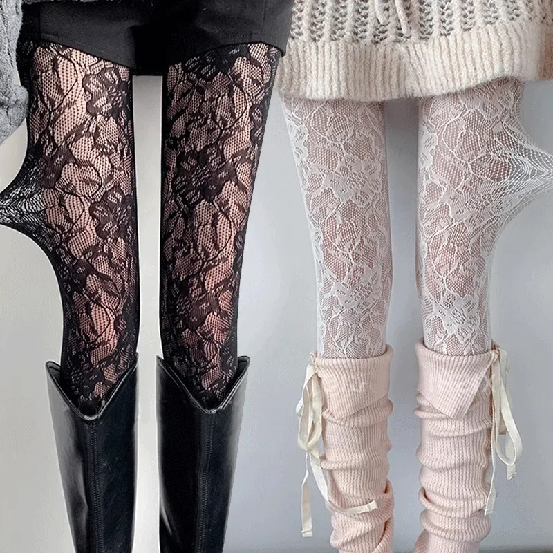 3Pair Women's Flower Embroidery Mesh Hollow Out Silk Stockings JK Fish Net Tights Cool Girls Colored Hipster Harajuku Pantyhose