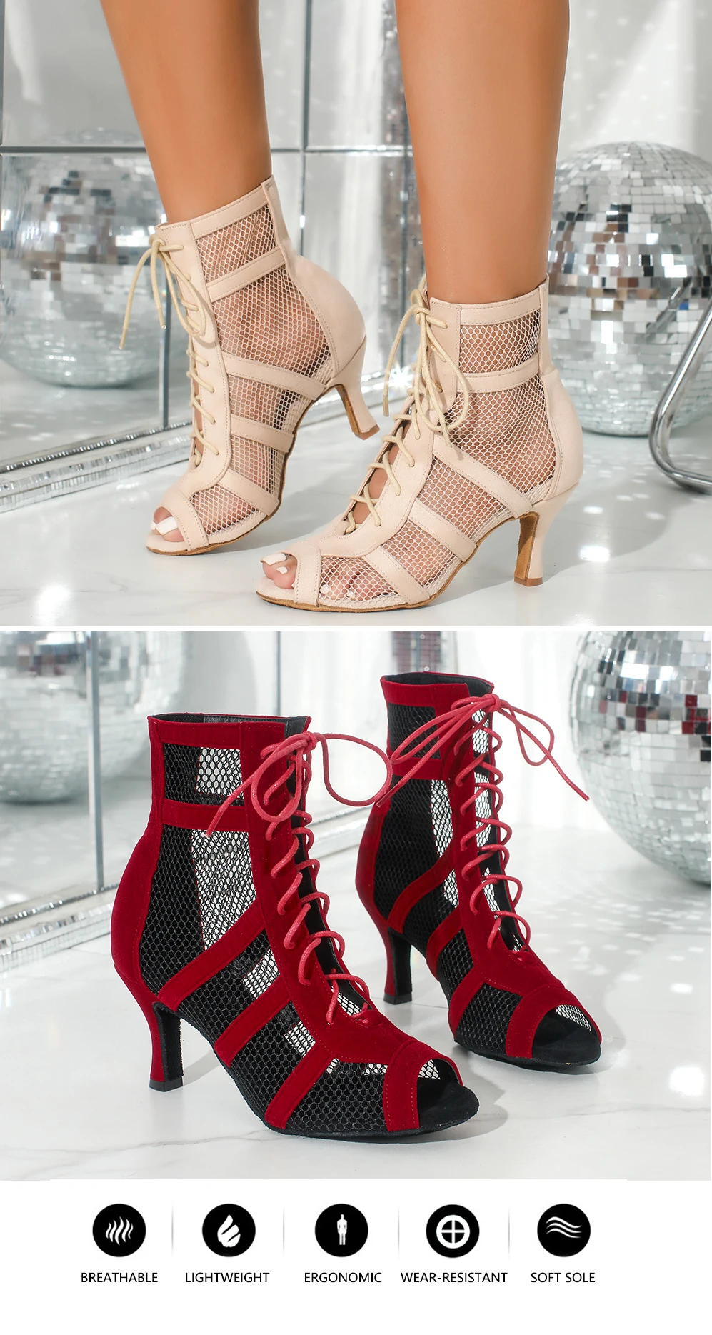 Rote Damen High-Top-Latin-Tanzschuhe, Ballroom-, Pole- und Jazz-Tanzstiefel, weiche Sohlen, Damen-Tango-/Salsa-Mesh-Tanzschuhe mit hohen Absätzen – Detail 2