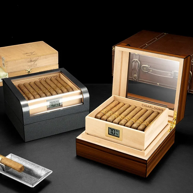 Cigar box with two layers of large capacity cedar curved transparent moisturizing box