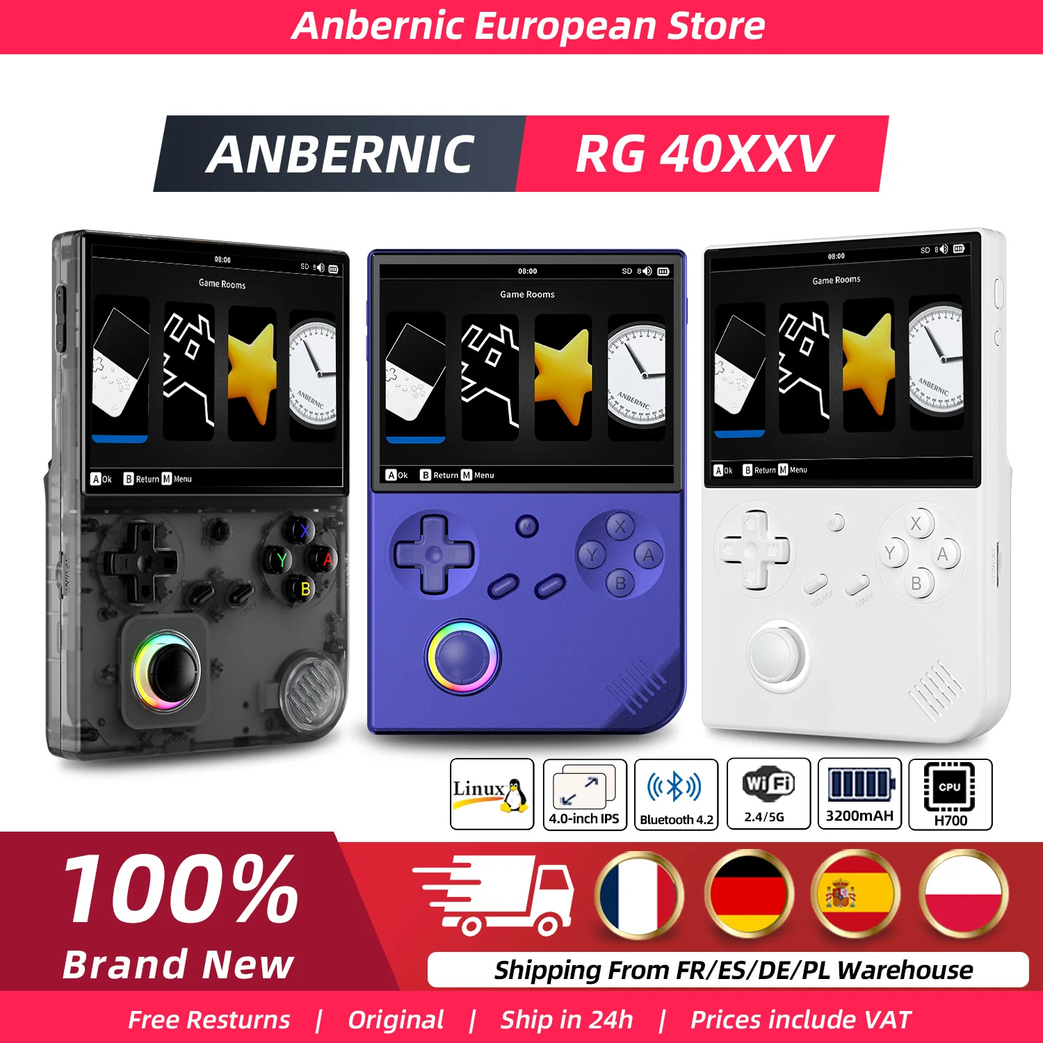 ANBERNIC RG40XXV 64 bits Linux rétro Console de jeu Portable écran IPS 4.0 pouces prend en charge 5G WiFi Bluetooth prise en charge de la sortie HD