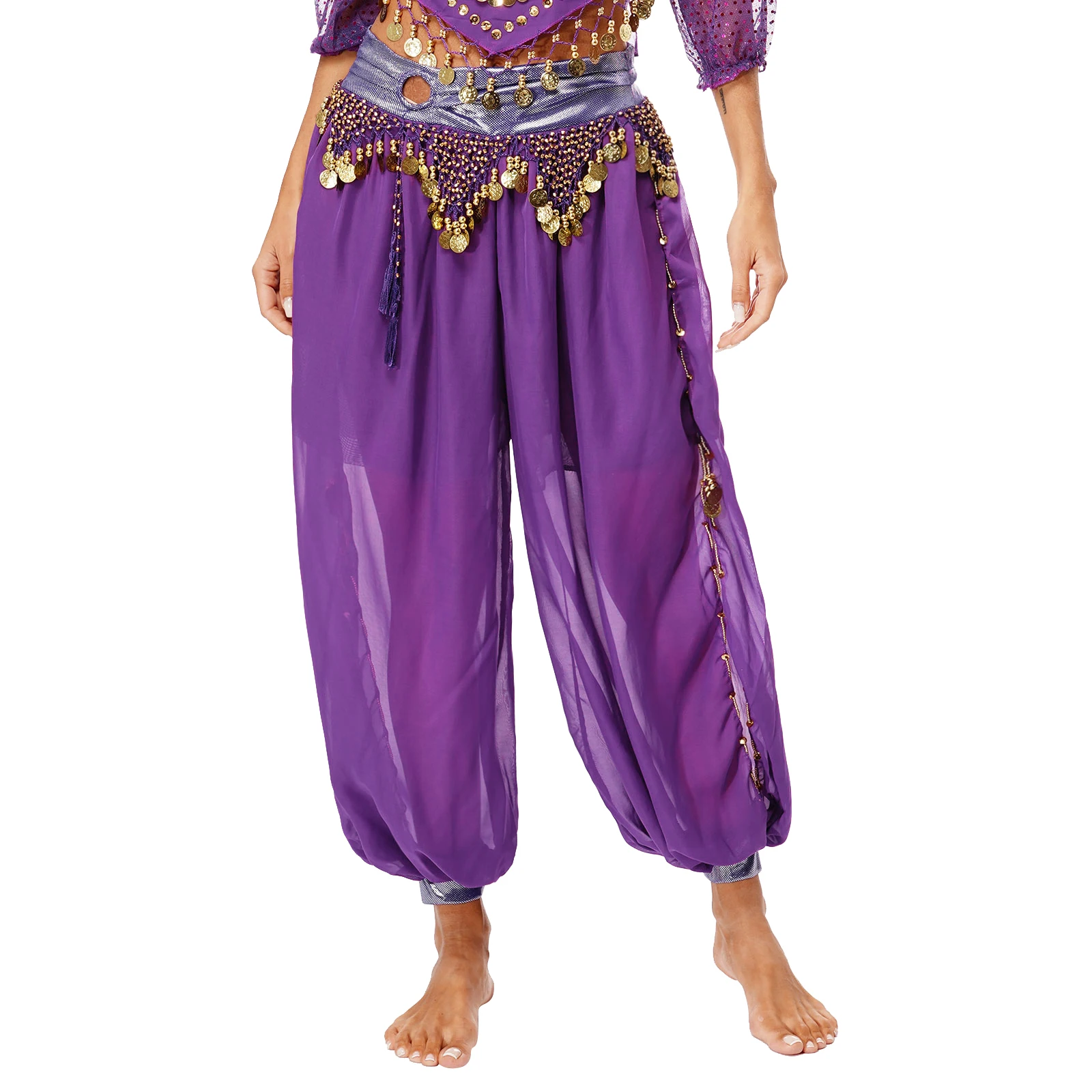 Women Chiffon Belly Dance Harem Pants Arabic Sequins Side Split Pants Fancy Dress Beads Tassels Bloomers Trousers for Bellydance