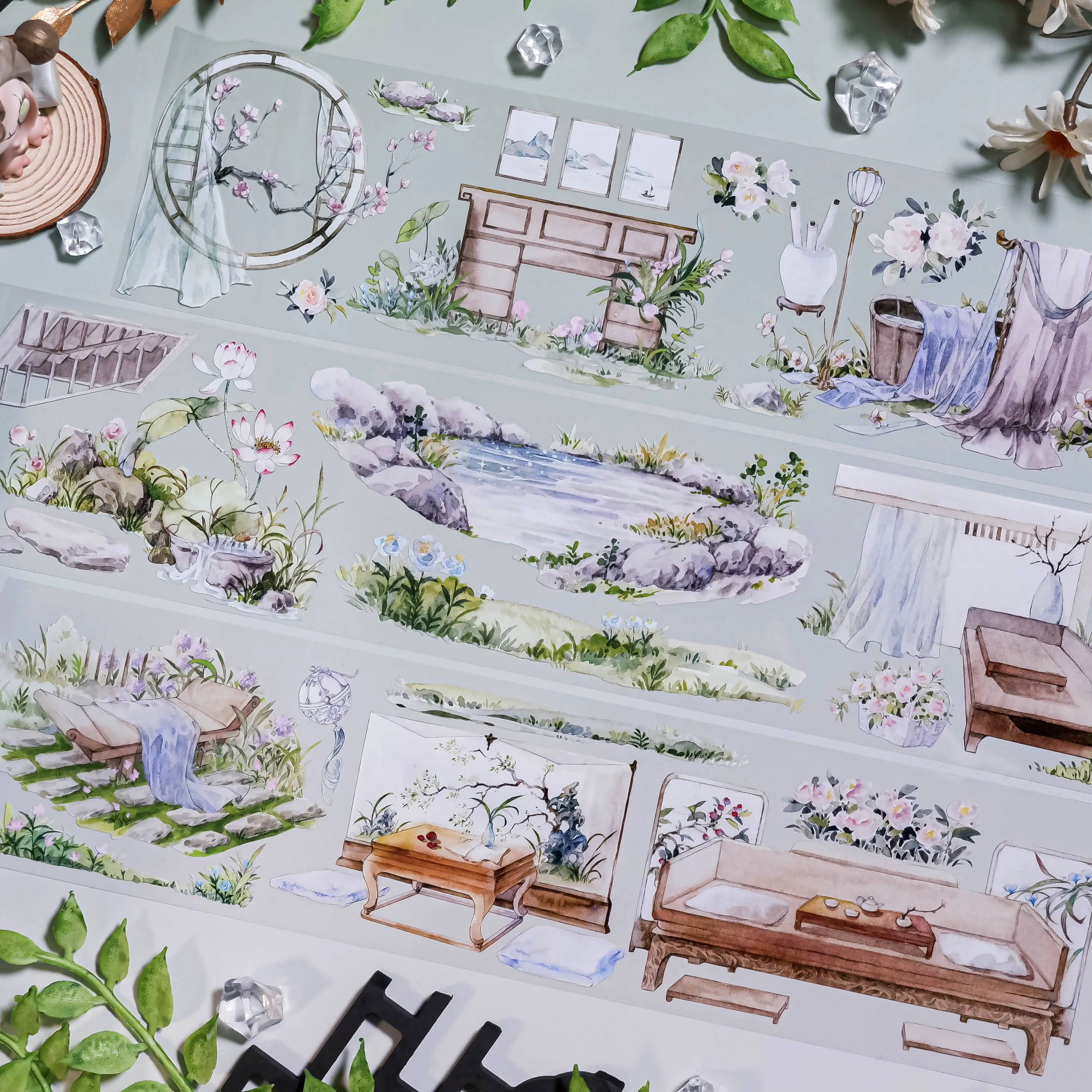 Ancient Chinese Garden Washi Paper washi Tape PET White Ink, Landscaping Courtyard Collage