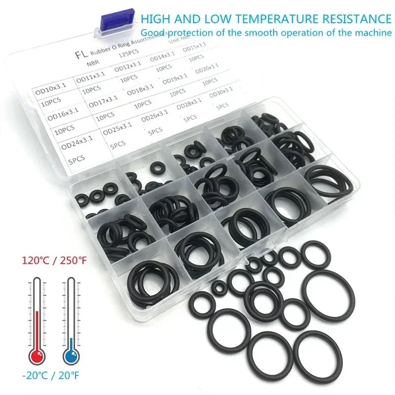 125pcs/Box Rubber O Ring Thickness CS 3.1mm Assortment Black O-Ring Seal Set Nitrile Washer High Quality For Car Gasket 15 Sizes