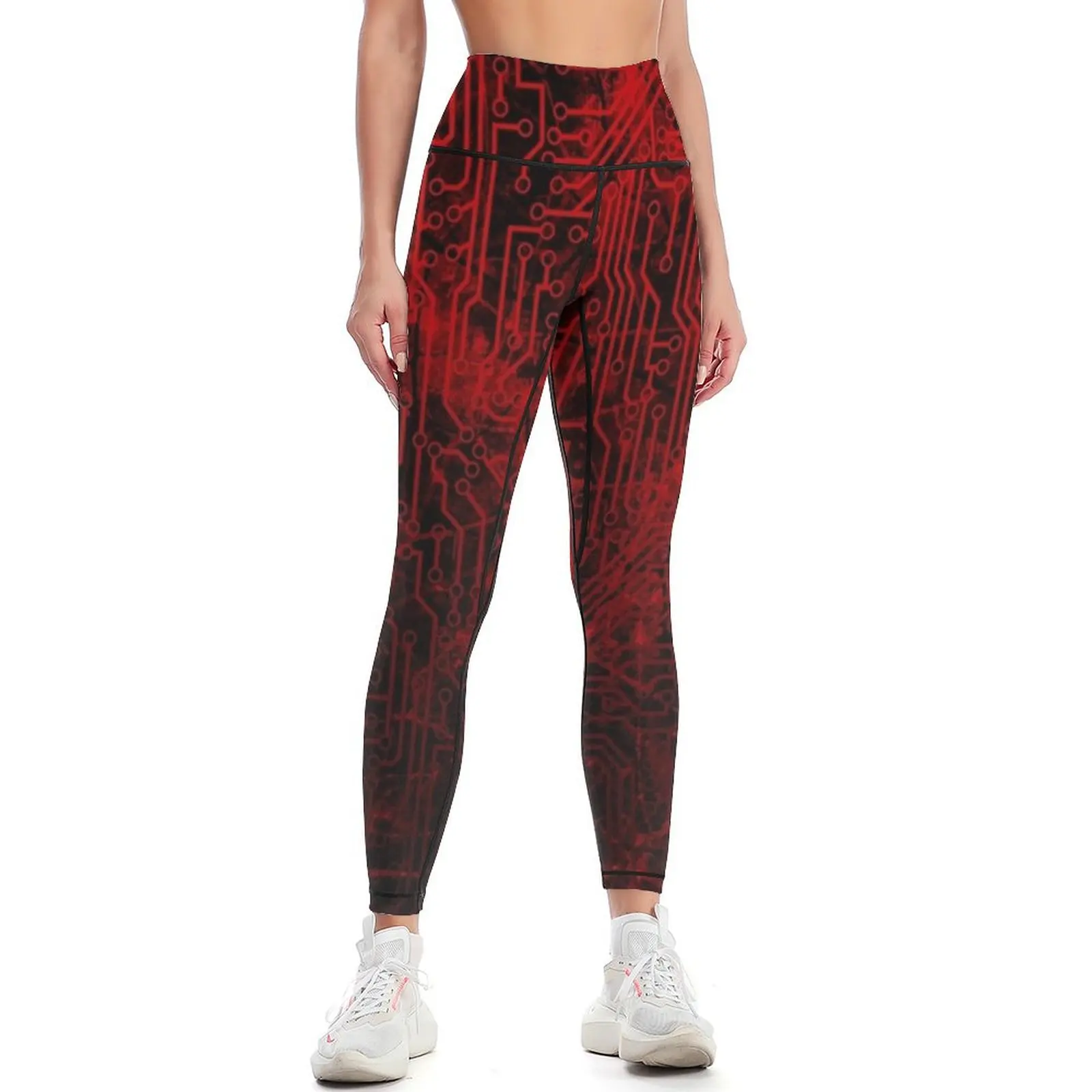 

Blood Red and Black Digital Mayhem Circuit Board Leggings gym pants Jogger pants Womens Leggings