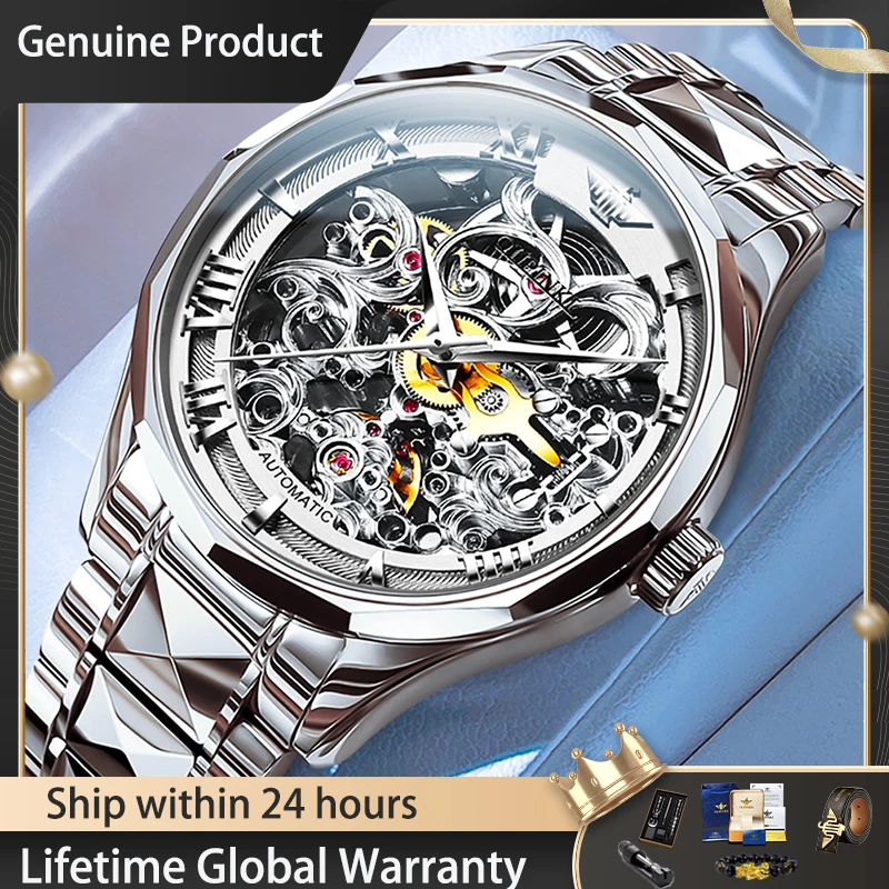 

OUPINKE 3168 Mens Watch Skeleton Fully Automatic Mechanical Watch﻿ 50M Waterproof Tungsten Steel Watches For Man Original Reloj