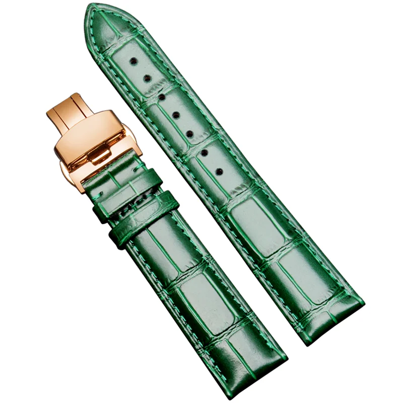 Genuine Leather Green Watchband Butterfly Buckle 12mm 14mm 16mm 18mm 20mm For Fiyta Four-leaf clover Photographer LA862025