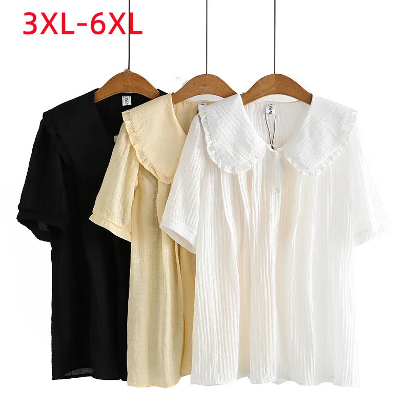 New 2022 Ladies Summer Plus Size Tops For Women Large Size Blouse Short Sleeve Cotton White Cute Fold Shirt 3XL 4XL 5XL 6XL