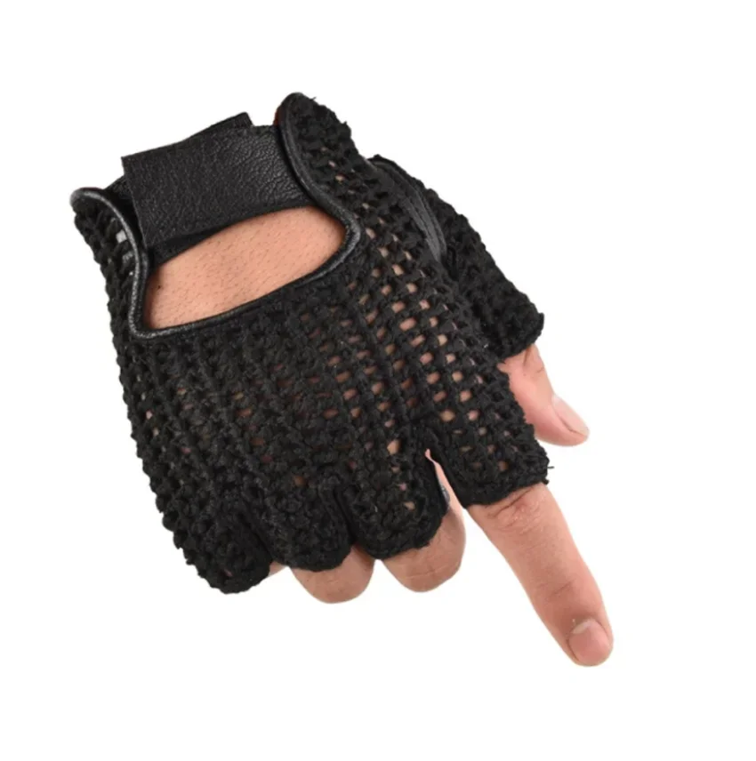 Leather Mesh Fingerless Gloves Motocross Fishnet Car Driving Tactical Gloves Motorcycle Accessories Work Cycling Men\'s Gloves