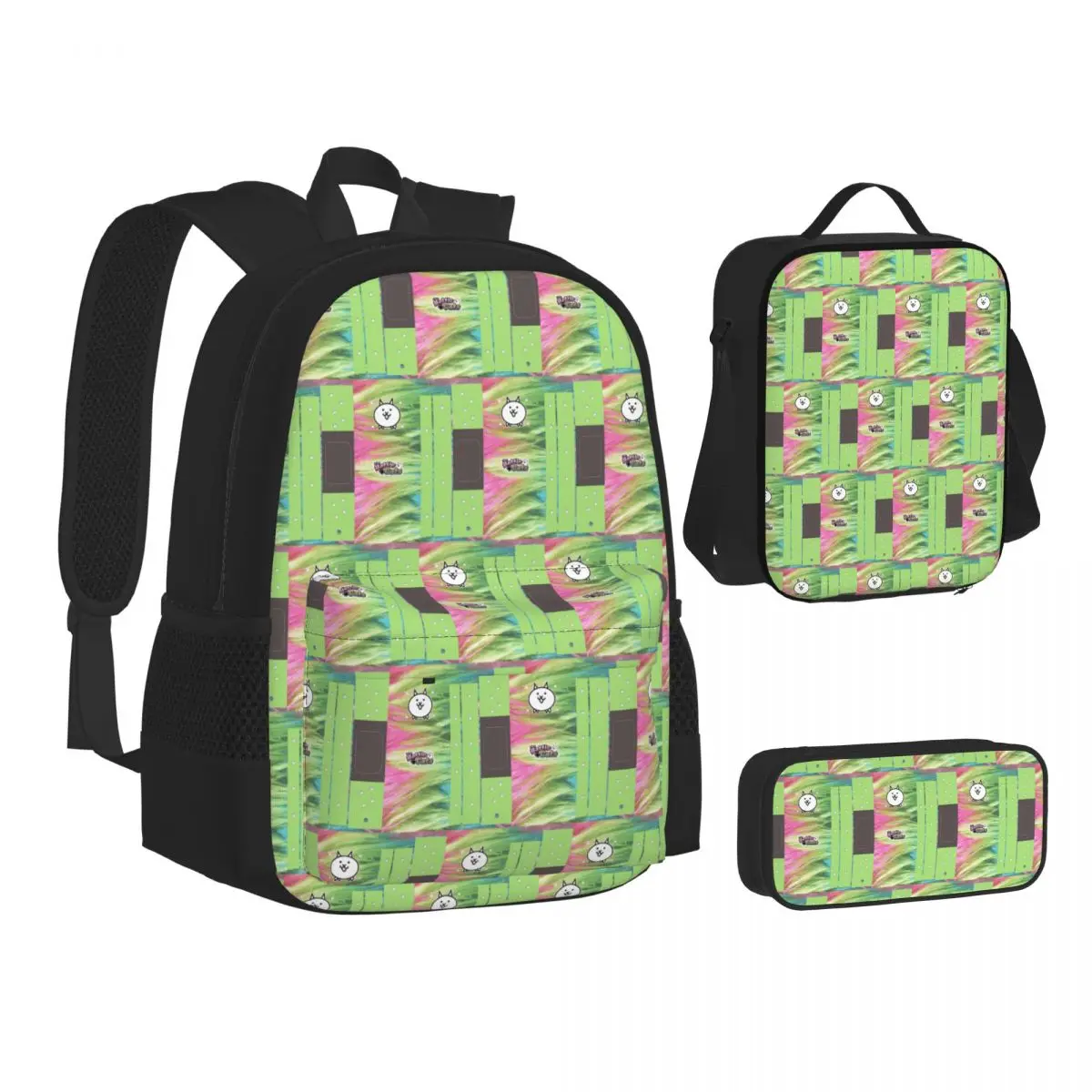 Cute The Battle Cats Colorful Backpacks Boys Girls Bookbag Students School Bags Kids Rucksack Lunch Bag Pen Bag Three-Piece Set