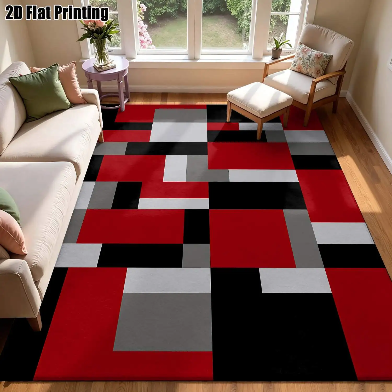 1Pc 2D Printed Carpet: Red, Gray, Black Geometric Abstract Patterns Nordic-Style, Instagram-Inspired, Modern Minimalist, Machine Washable, Multi-Size, Suitable for Home Decor, Multiple Scenes.
