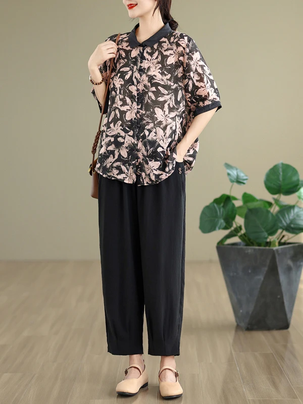 Faionable Slimming Cotton Linen Set Svel Printed irt Elastic Waist Eighteen Harlan Pants Casual Two-piece Set Women