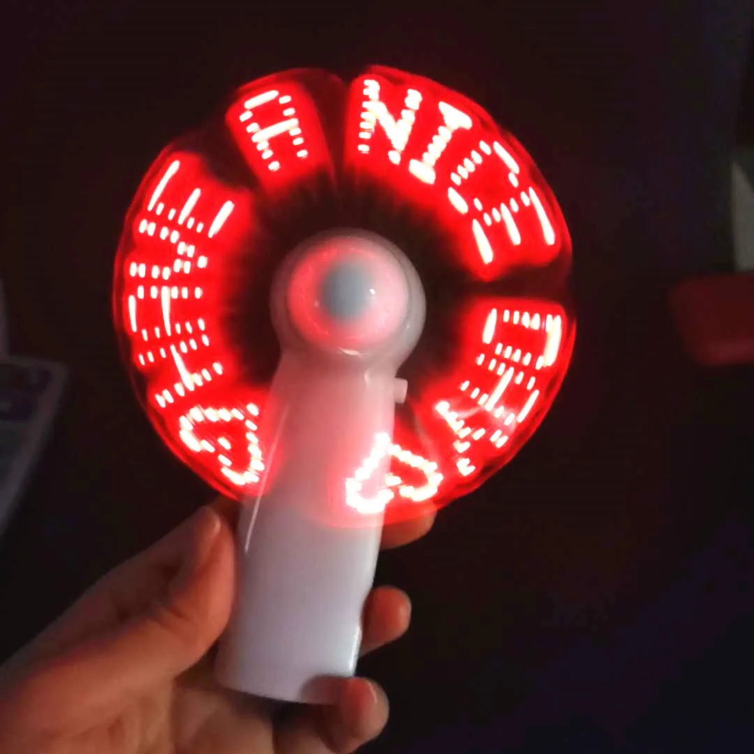 Ventilador eléctrico pequeño con letras luminosas, dispositivo de mano con pantalla de luz LED, ideal para ceremonias, creativo