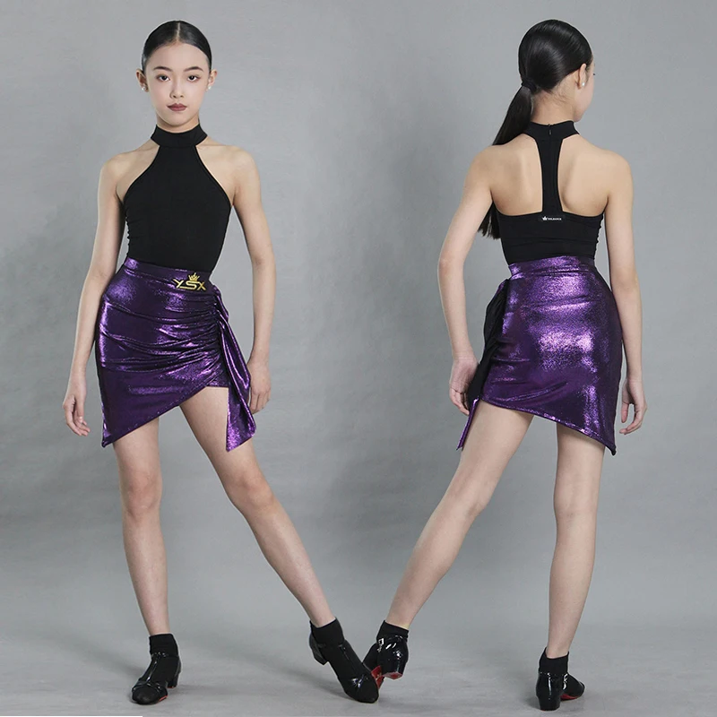 

2025 Latin Dance Costume Girls Competition Clothing Halter Black Dance Leotard Purple Skirt Kid Rumba Tango Practice Wear 1925