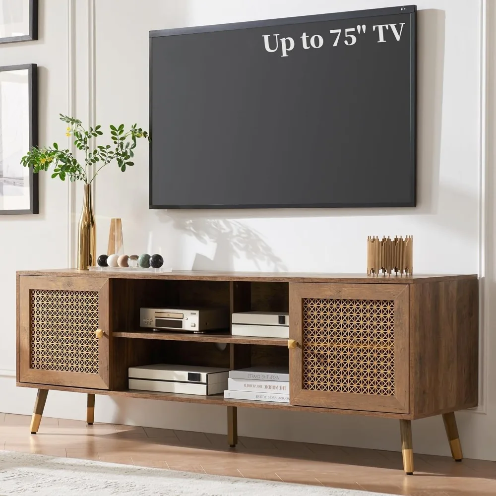

Modern Entertainment Center for TVs up to 75 inches, Boho TV Console with Storage Cabinet and Open Shelves, Large TV Stand