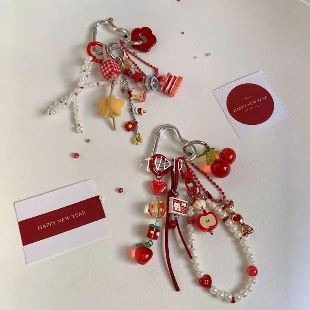 

Sweet Red Apple Cherry Keychain Handmade Acrylic Beaded Mobile Phone Chain DIY Bag Charm