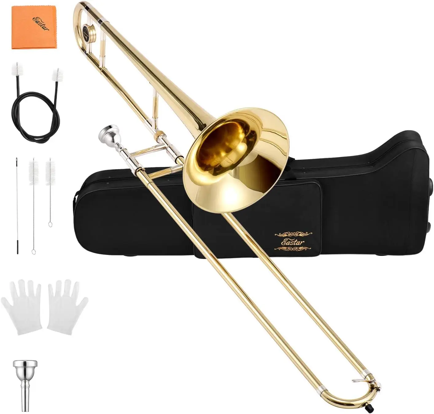 Tenor Slide Trombone for Beginners Students, B Flat Brass Plated Trombone Instrument with Mouthpiece, White Gloves