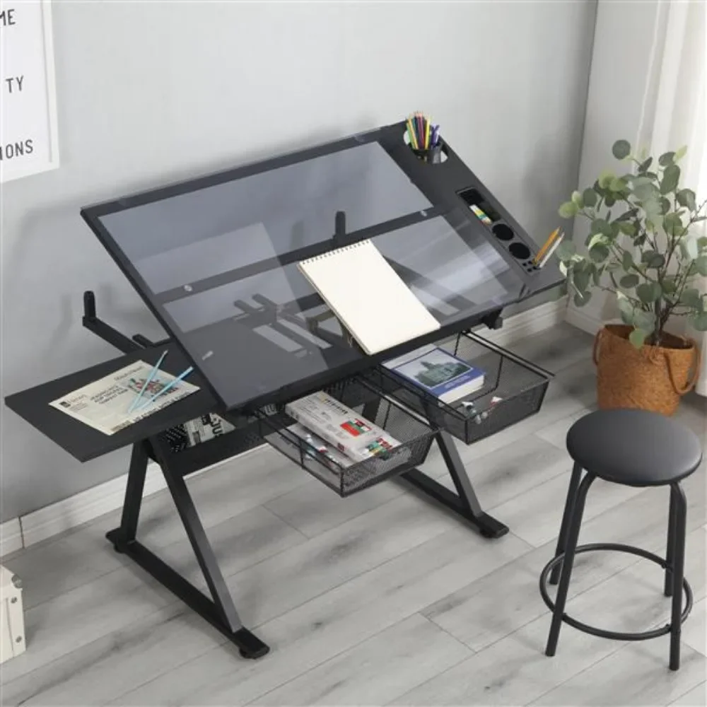 black adjustable tempered glass drafting printing table with chair Anti-slip & Anti-scratch Storage space Solid Construction