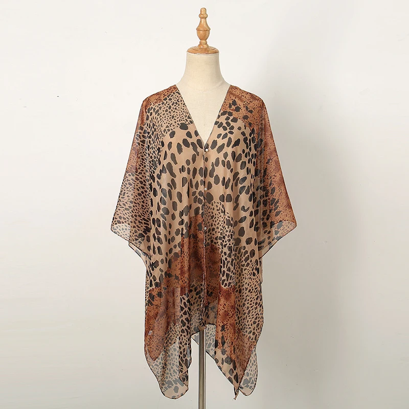 Fashion Printed Leopard Scarf Chiffon Shawl Women Pearl Decorative Shawl Summer Sun Shading Beach Towel 150*100cm