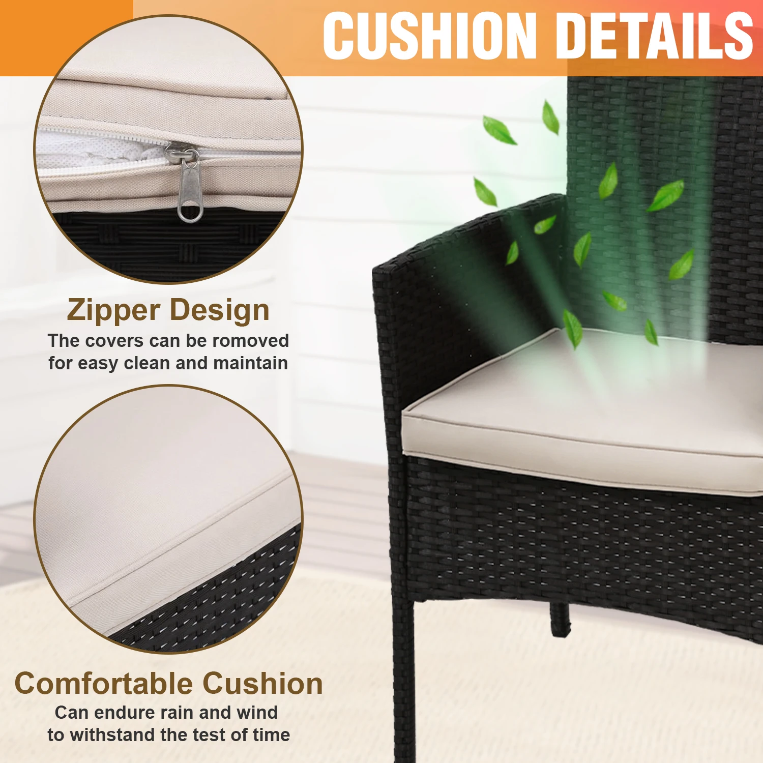 Set Furnitur Teras 3 Buah, Kursi Rotan Modern dengan Meja Kopi, Tahan Cuaca untuk Beranda, Taman, Halaman