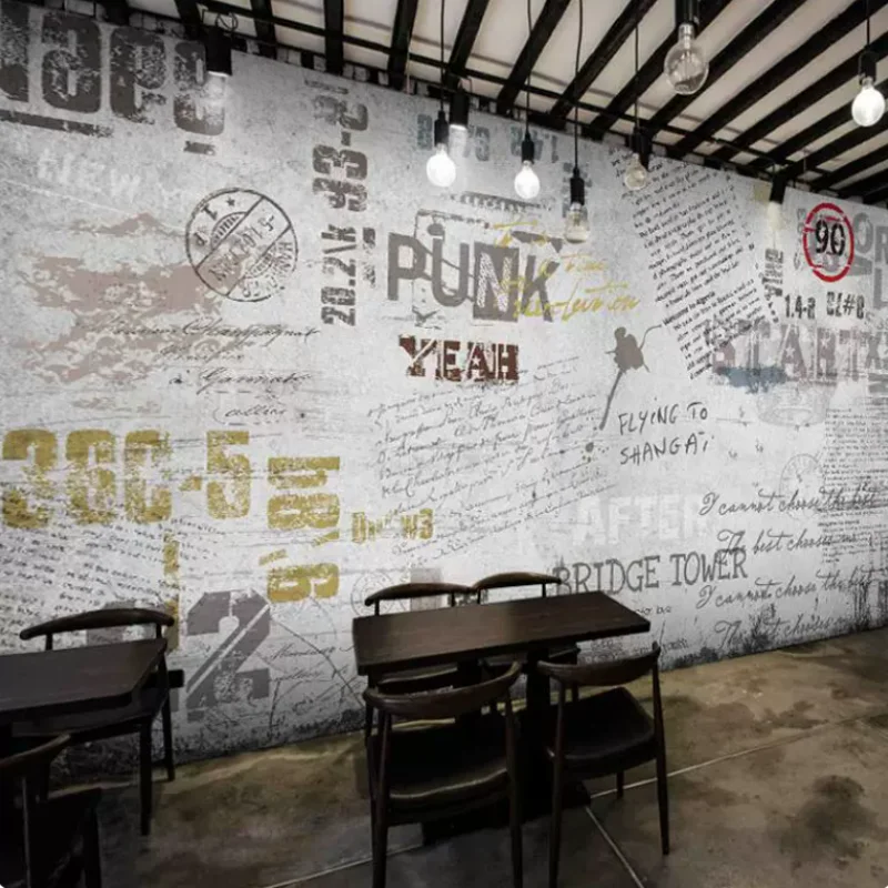 Custom Clothing Letter Graffiti Wallpaper European Retro Cement Industrial Style Bar Milk Tea Shop Living Room Background Mural