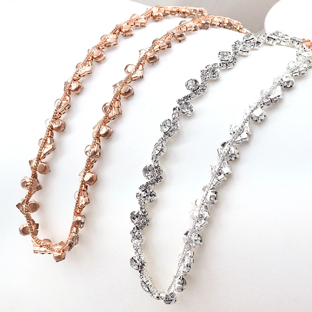 Beautiful W-shaped crystal chain silver handmade rhinestone trim sewn wedding dress bag with DIY decorative accessories