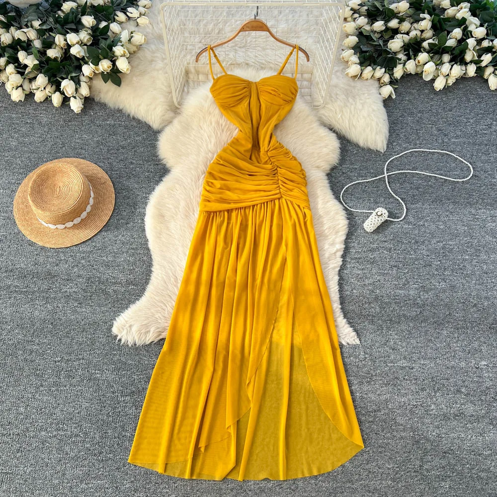 

Women Strapless Mesh Dresses Pleat Solid Dress A Line Ankle Lenth Sleeveless Waist Cinch Slim Fit Party Sexy Elegant 2025 Summer