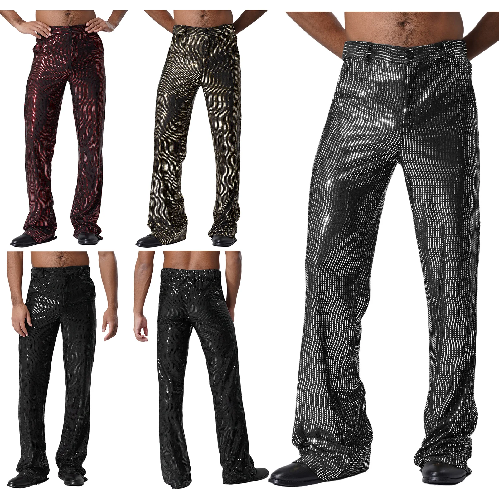 Mens 70s Disco Pants Allover Shiny Sequins Shine Flared Trousers with Pockets Stretch Comfort Stage Performance Outfit