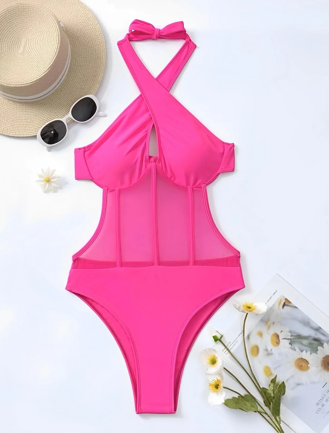 2025 Contrast Mesh Cut Out Halter Swimsuit One Piece Solid Swimwear Women Push Up Bathing Swimming Swim Suit Female Beach Wear