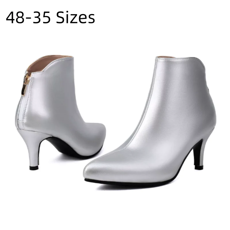 سيدة 48 الذهب الفضة الأحمر رقيقة الكعوب 6 سنتيمتر حذاء من الجلد قصيرة الشتاء الربيع موضة بوتاس الصلبة النمط البريطاني بولي Leather الجلود عودة سستة #1