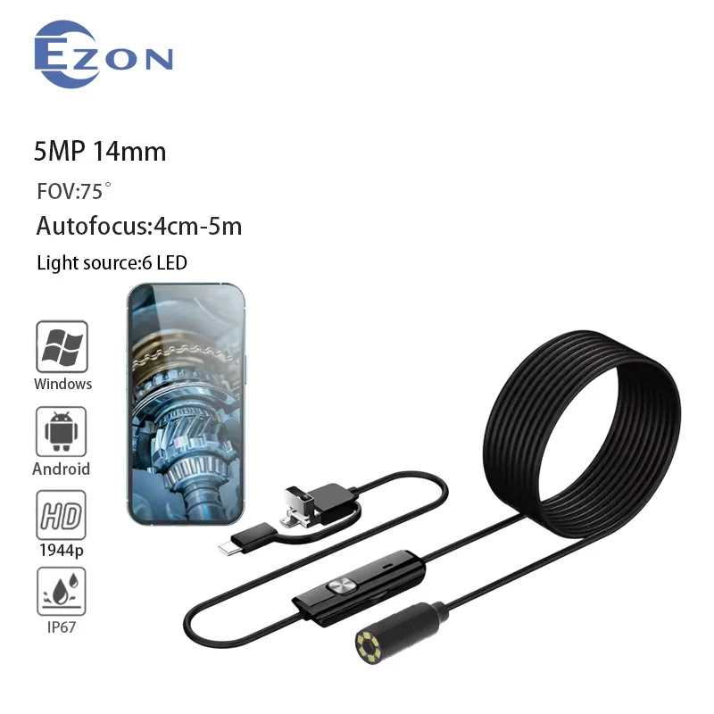 المنظار الإلكتروني 3 en 1، 1944p 14mm، المنظار d'inspection Industrielle، sonde de moteur de voiture pour OTG Android