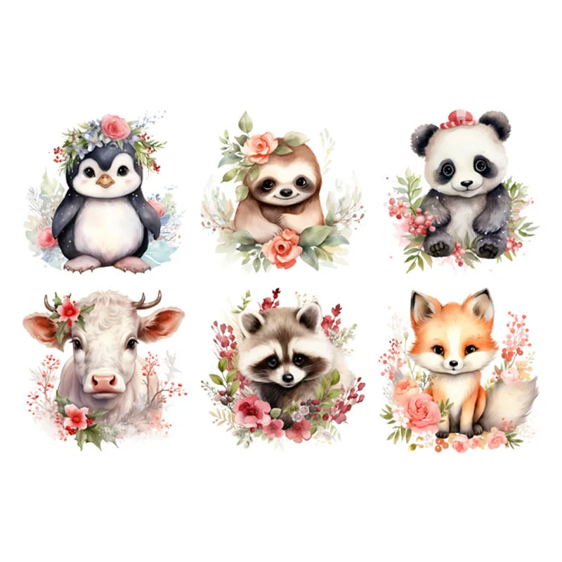 New Cartoon  Koala cow penguin Raccoon fox Panda Flower Aestheticism Iron-on Transfers for kids Clothing Bright Color Diy Craft