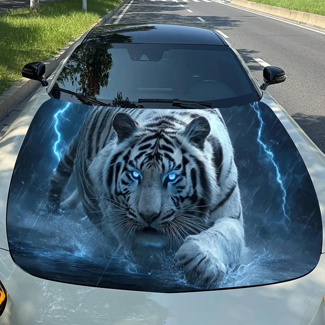 Thunderstorm Ice Field White Tiger Car Vinyl Wrap, PVC Material Waterproof Car Hood Sticker, Self-Adhesive Scratch-Resistant Sti