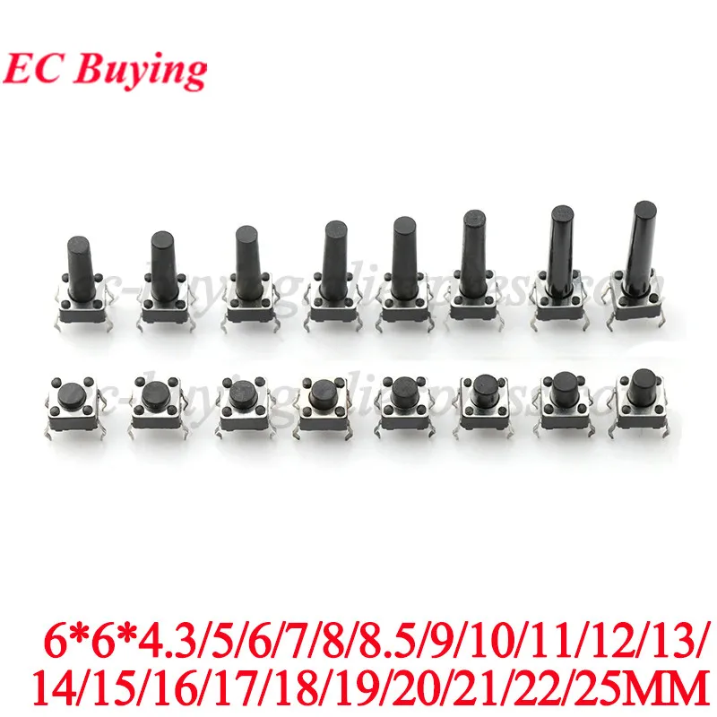 100Pcs/20pcs Mini Micro Switch Touch Tactile Push Button Switch 6×6 4.3/5/6/7/8/9/10/11/12/13/14/15MM Vertical 4 Pin Switch Cap