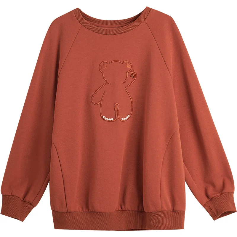 OLrain Women Long Sleeve Sweatshirt 2025 Autumn Fashion Bear Embroidered Round Neck Pullover Cotton Blend Tops Woman N56QR63291