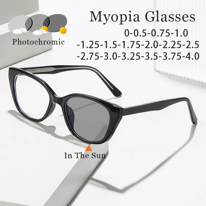

Photochromic Spring Leg Myopia Glasses Cat-Eye with Pin-Plugged Indoor/Outdoor Dual-Use Anti Blue Light Minus Diopter Eyeglasses