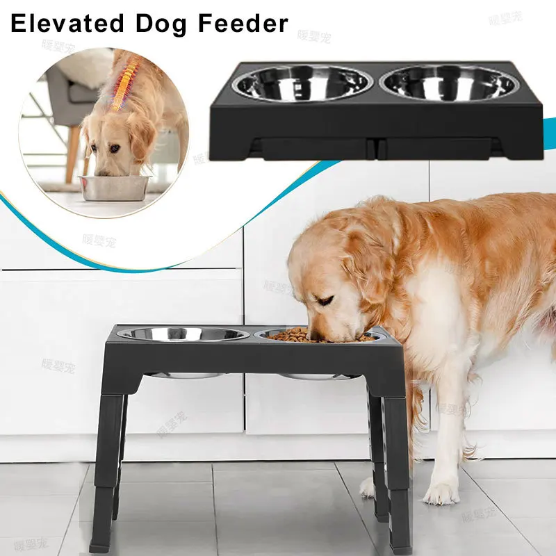 ペット用食器台-高さ調節可能-犬用給餌台-ダブルステンレス製フードボウル-小型犬・中型犬・大型犬用