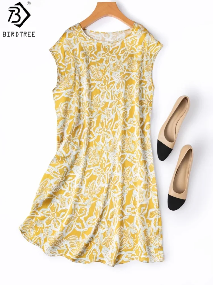 

Женская футболка Birdtree из 100% натурального шелка с принтом, 19 мм, с длинным рукавом реглан из гладкого сатина, желтая, с круглым вырезом, модель 2026 NewT64105JF