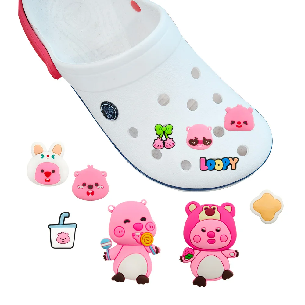 10pcs set cut Pink Cartoon Beaver PVC Shoe Charms Sweet Candy Drink Bow Pattern Detachable Clog Shoe Decor Accessories DIY Gift
