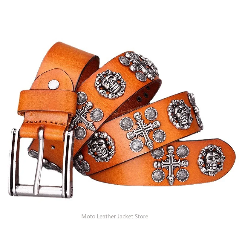 Trendy First Layer Cowhide New Punk Style Unisex Belt Skull Decor Fashion Leather Waistband