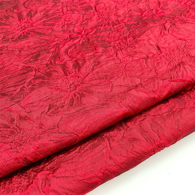 Bright Red Glossy Textured Shape Stiff Jacquard Fabric Spring Summer Puffy Skirt Designer Cheongsam Traditional Costume Fabric