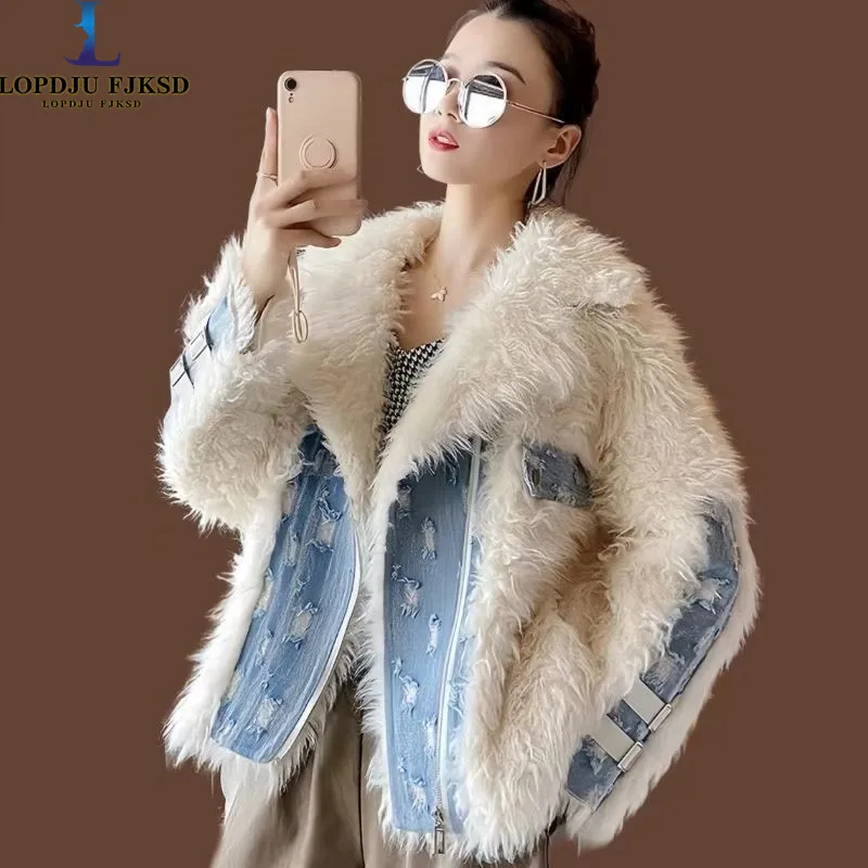 Faux Lamb Fur Coats for Women, Spliced Jacket,Female Thicken Warm Clothes,High Quality,Turn-down Collar ,Winter ,2024