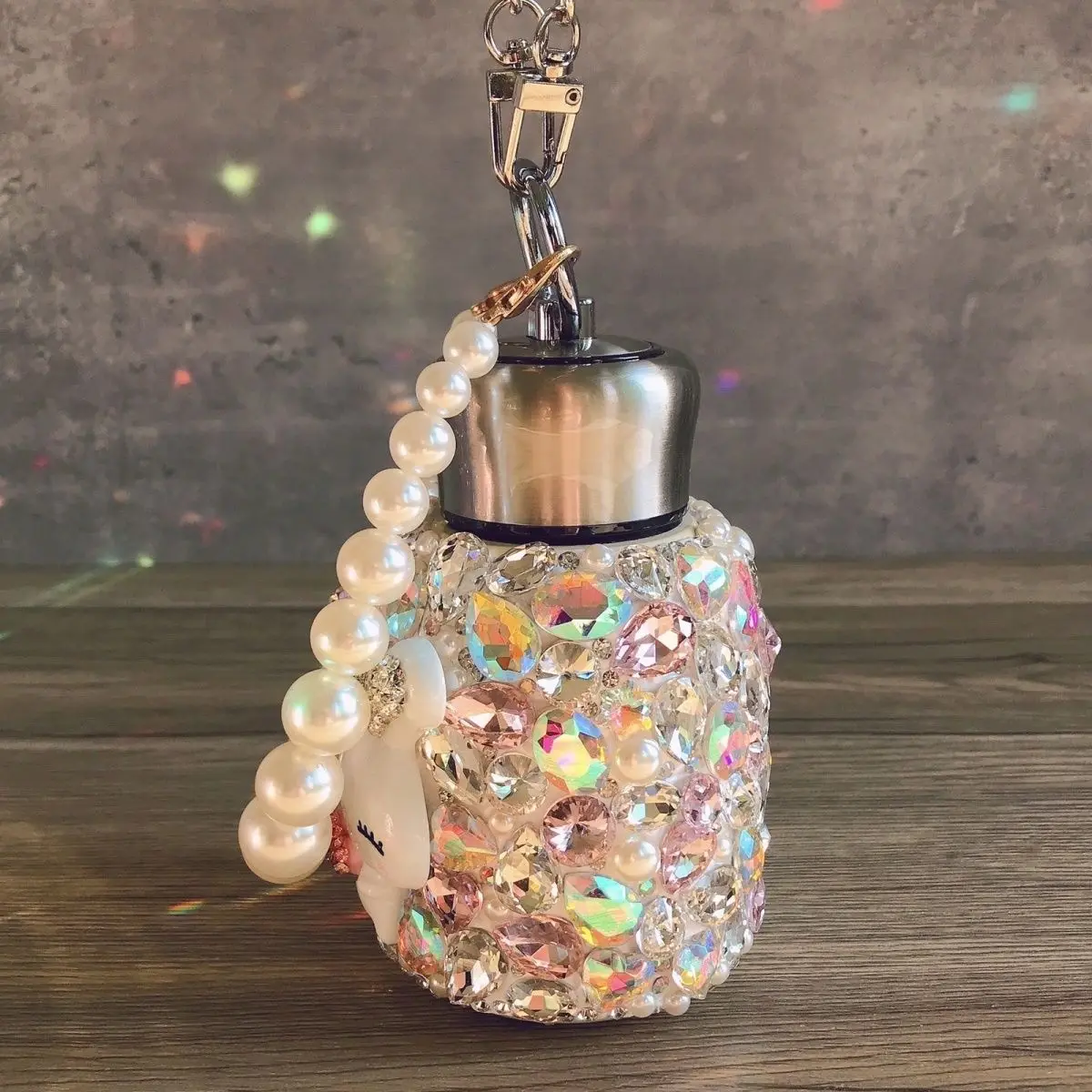 Cute Rabbit Flower Diamond Cup Insulation Stainless Steel Rhinestone Pearl Chain Portable Water Bottle for Children Women