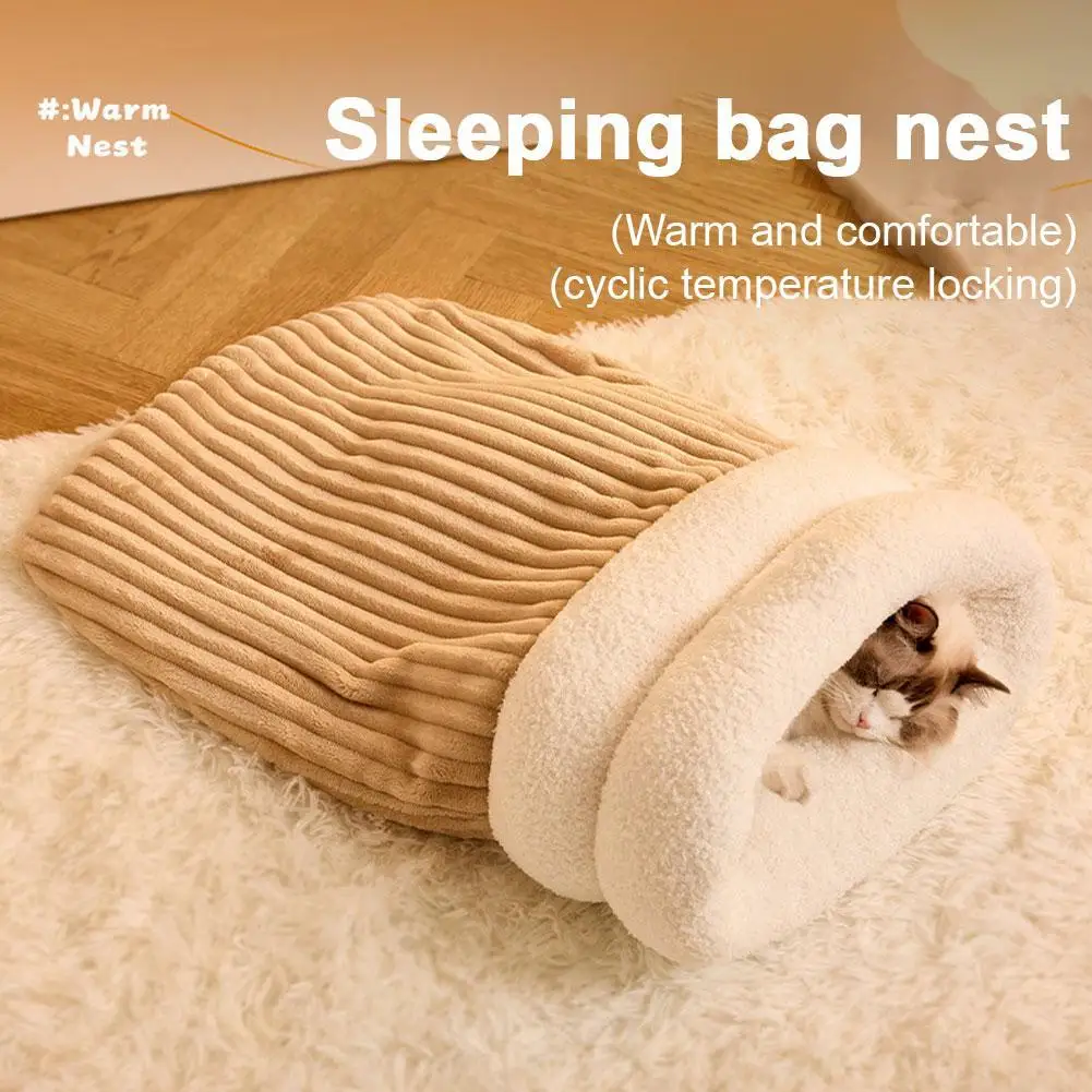 1pc Sleeping Bag Nest With Striped Down Cat Winter Sleeping Bag Soft Plush Large Cat Sack Self Warm Comfortable Pet Snuggle Sack