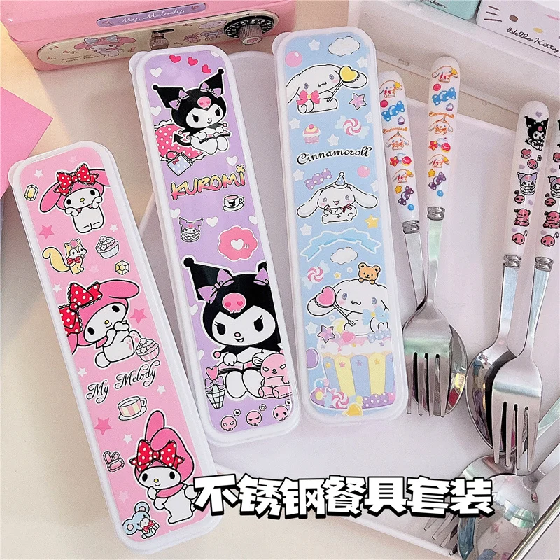 2/3PCS Kawaii Sanrio My Melody Cinnamoroll Kuromi Cutlery Set Cartoon Chopsticks Spoon Fork Set Portable Tableware Storage Box